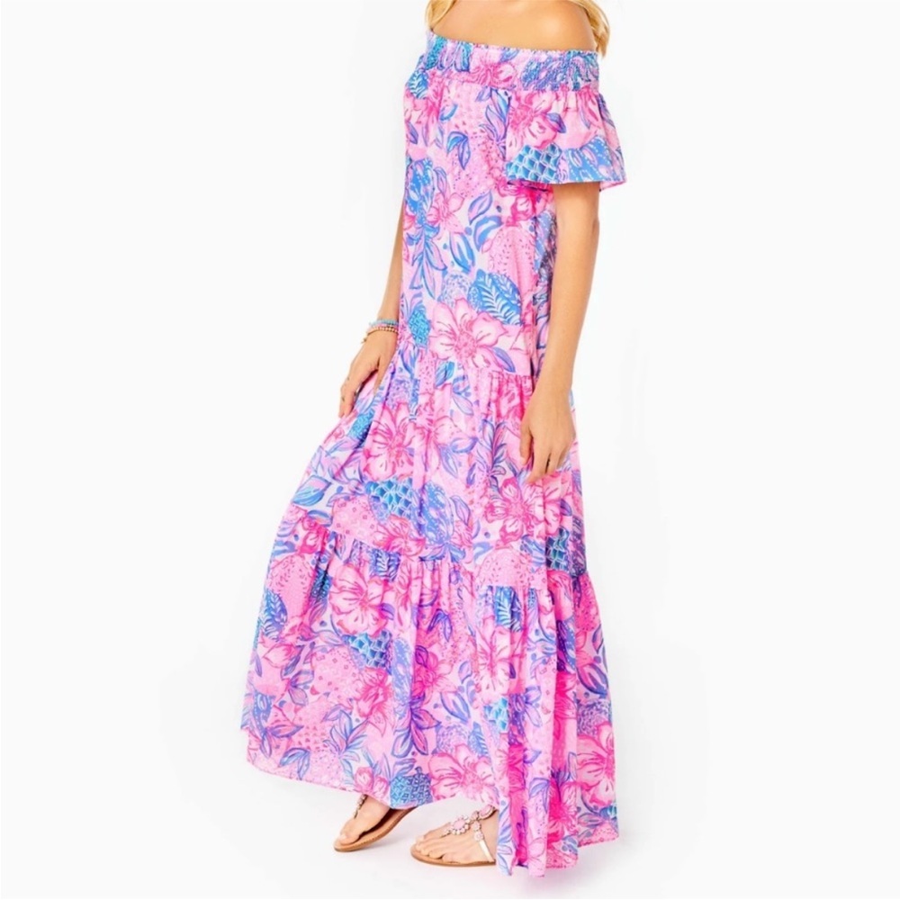 Lilly Pulitzer Dezi Off Shoulder Maxi Dress Pink Snappy Turtle - Picture 2 of 7